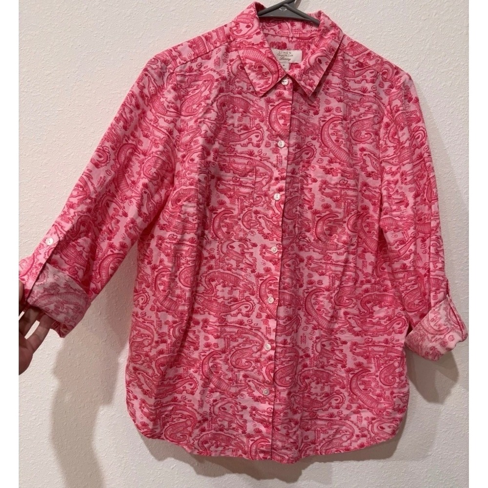 Charter Club Luxury Linen Pink Alligator Crocodile Print Button Down Shirt M - Picture 3 of 15